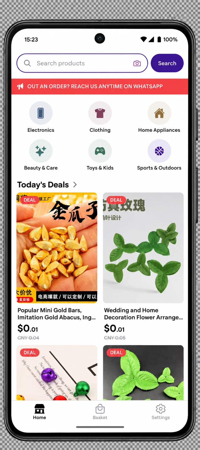 A&A Store homepage in a graphite Pixel-style phone, showing product search, six shopping categories, deals and a basket